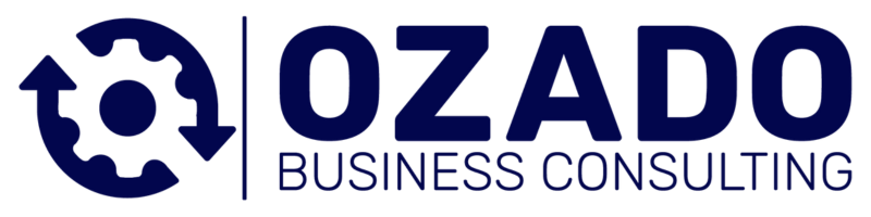 Logo de Ozado Business Consulting con engranaje blanco, simbolizando soluciones estratégicas, sinergia, mejora continua y crecimiento empresarial.